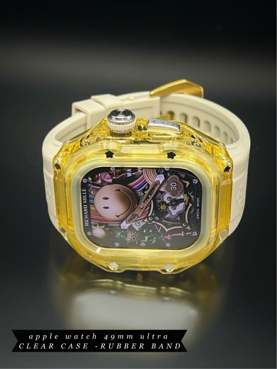ゴールド クリアー ケース ウルトラ 49mm 動画 アップルウォッチ  サンドホワイト ラバー ベルト バンド カスタム ケース applewatch アップルウォッチ用 プレゼント ULTRA