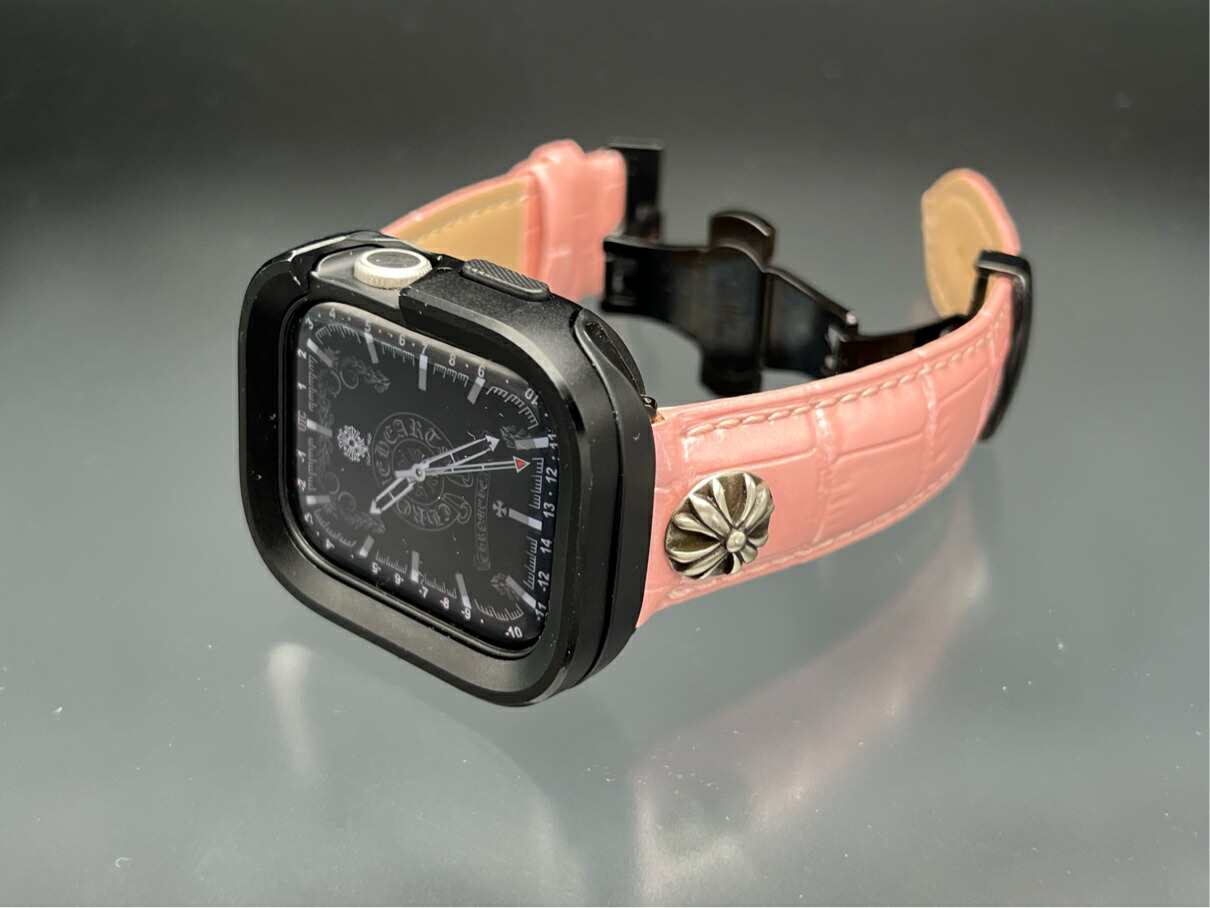 アップルウォッチ アルミニウム ケース 本革 ピンク レザー ベルト 46mm 45mm 44mm 49mm 41mm 40mm