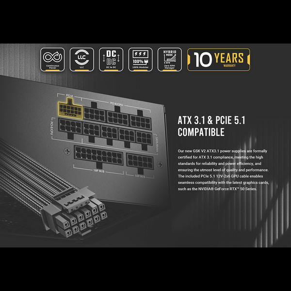 Antec 電源ユニット GSK750 V2 ATX3.1 高効率高耐久 80PLUS GOLD 認証取得 120 mmファン搭載 ATX 3.1 フルモジュラー式電源 PCIe 5.1対応奥行140 mm コンパクト 小型ケースに最適 10年保証 0761345201414-ds 【キャンセル不可・北海道沖縄離島配送不可】
