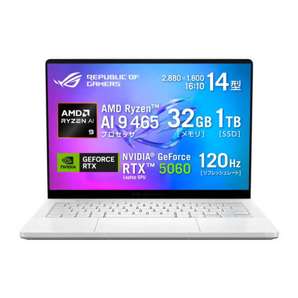 ASUS ゲーミングノートパソコン ROG Zephyrus G14 GA403GM GA403GM-人工知能学9R5060W 14in 2,880×1,800 120サイクル 有機EL グレア AMD Ryzen 人工知能学 9 465 RTX5060 記憶装置 : 32GB SSD : 1結核症 Windows 11 Home 64ビット 万覚え帳パソコン プラチナ白いこと 0199291474215-ds