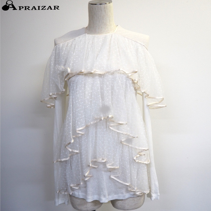 レターパックプラス発送 GIVENCHY ジバンシー シアー ドット 水玉 レース トップス カットソー 長袖 ホワイト系 36 [中古]｜APRAIZAR