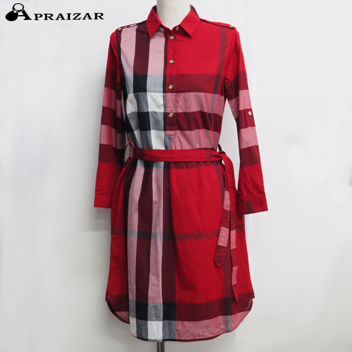BURBERRY　LONDON バーバリーロンドン ウエストベルト チェック柄 シャツ ワンピース コットン100％ レッド系 ベルト付 [中古]｜APRAIZAR