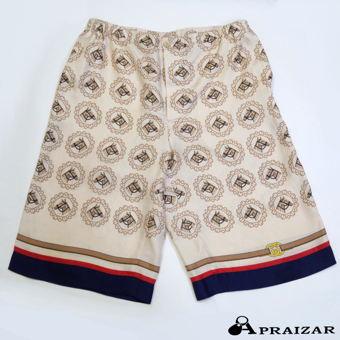 GUCCI グッチ シルク100％ 馬モチーフ プリント ハーフパンツ 44 ベージュ マルチカラー メンズ ユニセックス [中古]