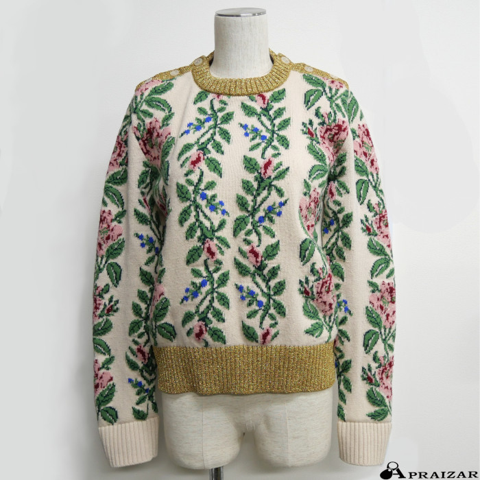 GUCCI グッチ フラワー カシミア ウール ニット セーター M 長袖 マルチカラー ゴールド ラメ レディース [中古]｜APRAIZAR