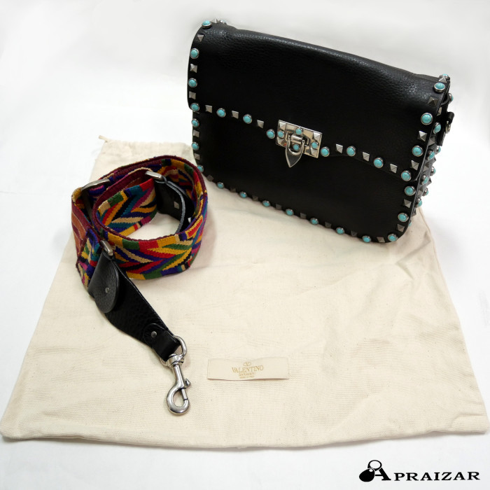 VALENTINO GARAVANI ヴァレンティノ ガラヴァーニ ターコイズ スタッズ レザー ショルダーバッグ ブラック 収納袋付 [中古]｜APRAIZAR