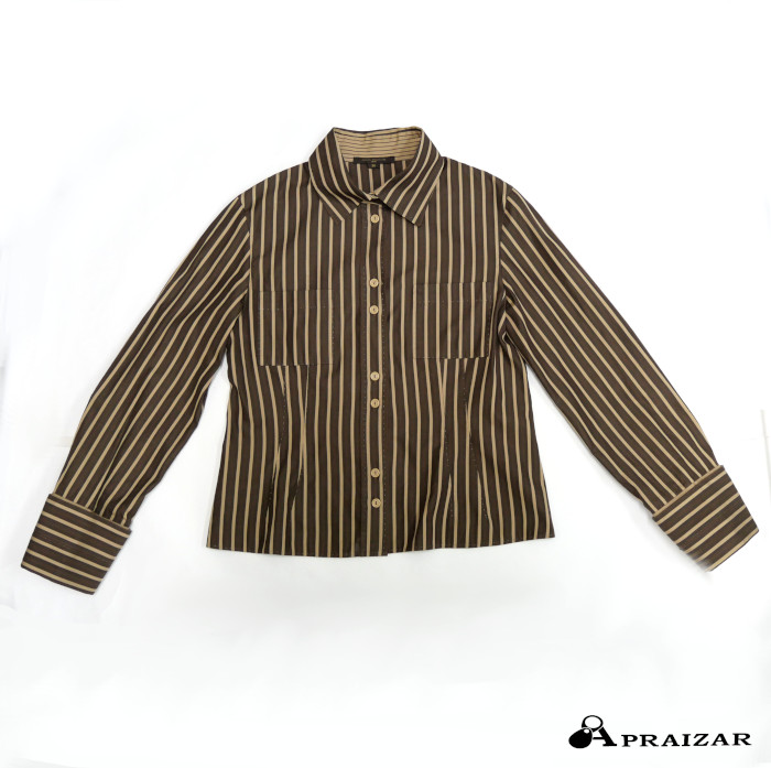 LOUIS VUITTON ルイヴィトン コットン100％ ブラウン系ストライプ ブラウス シャツ ショート丈 長袖 36 レディース [中古]｜APRAIZAR