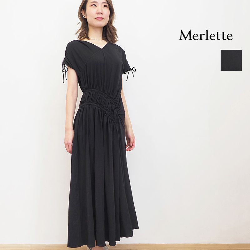 NY発＊merlette＊ワンピース ギャザー コットン 長袖 ネイビー Merlette マーレット 165NO9PO LANTE ランテ Vネックギャザー