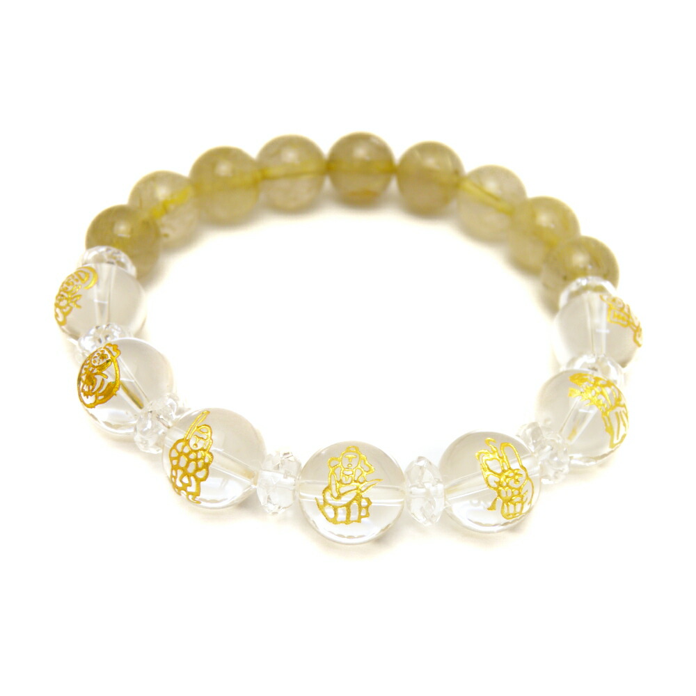 楽天市場】水晶 金彫り 七福神12mm＆水晶10mm玉オリジナルブレスレット