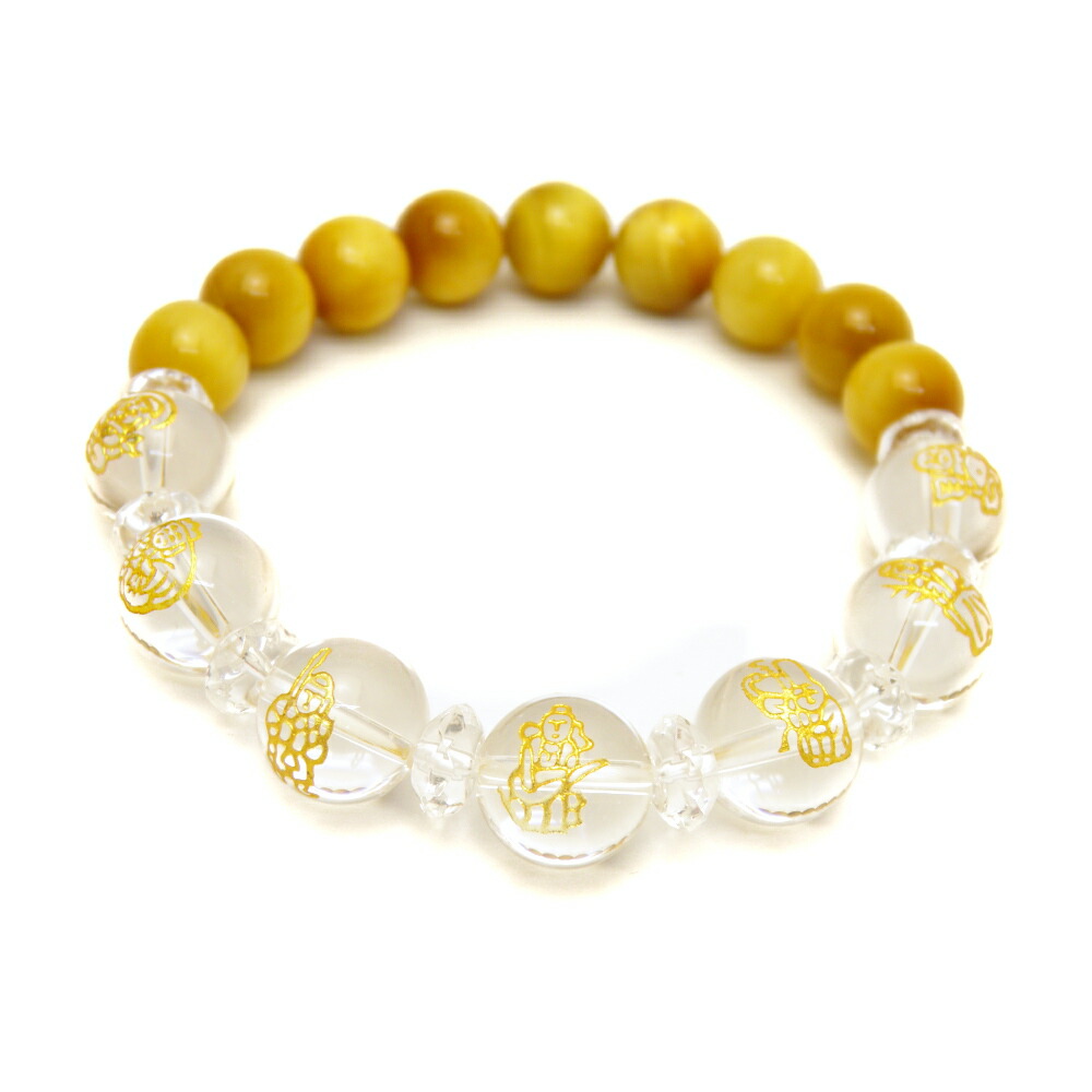 楽天市場】水晶 金彫り 七福神12mm＆水晶10mm玉オリジナルブレスレット