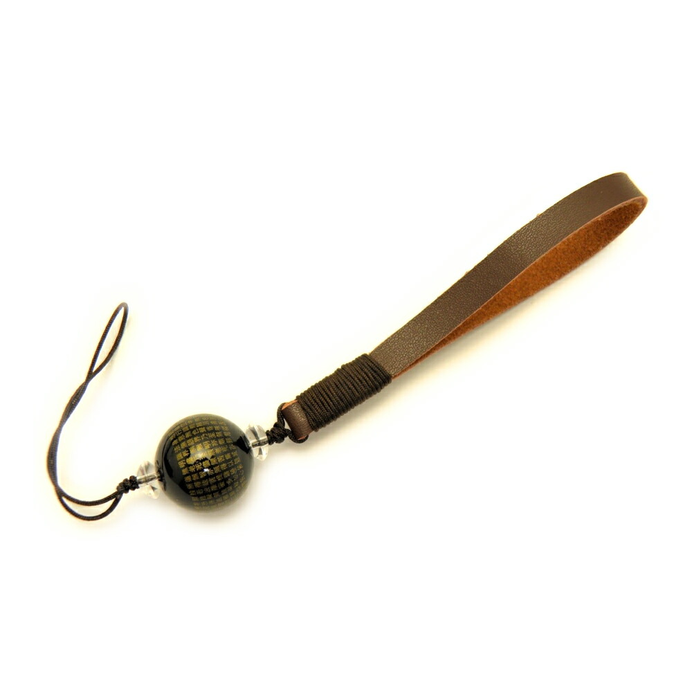 オニキス 般若心経（金）20mm 携帯ストラップ 革 茶ひも 天然石 パワーストーン プチギフト 転勤 退職 お礼 母の日 敬老の日 ギフト / インペリアルオーラ おしゃれ かわいい オシャレ 可愛い プレゼント ギフト 贈り物