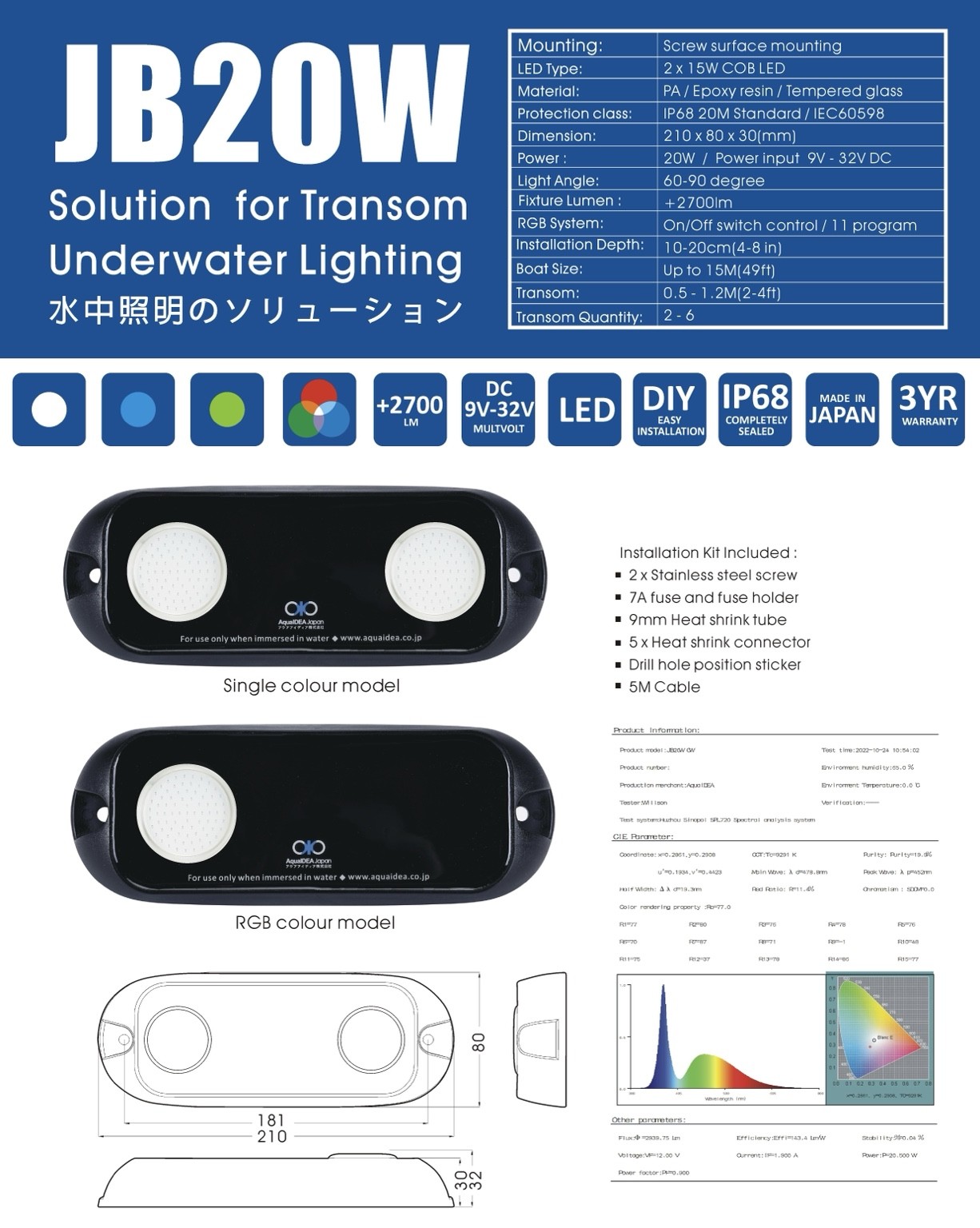 トランサム水中点火装置 アクアライト 米国海兵隊員点火装置 LED 舟・船点火装置 日本製 AquaIDEA Japan  JB20W