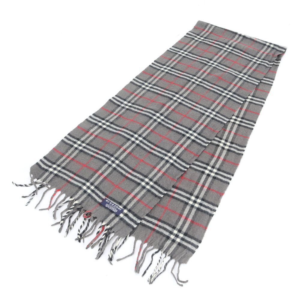 美品 バーバリー タグ付 カシミヤ 100％ チェック フリンジ マフラー グレー メンズ RUE DQ49-1 10,709円