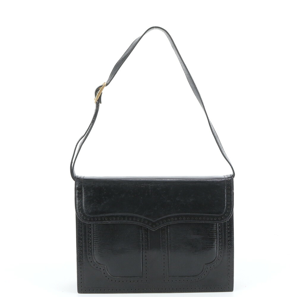 ヴィンテージ イヴ サンローラン YSL リザード エンボス レザー ショルダーバッグ 肩掛け 本革 ブラック 黒 レディース REM DR2-4