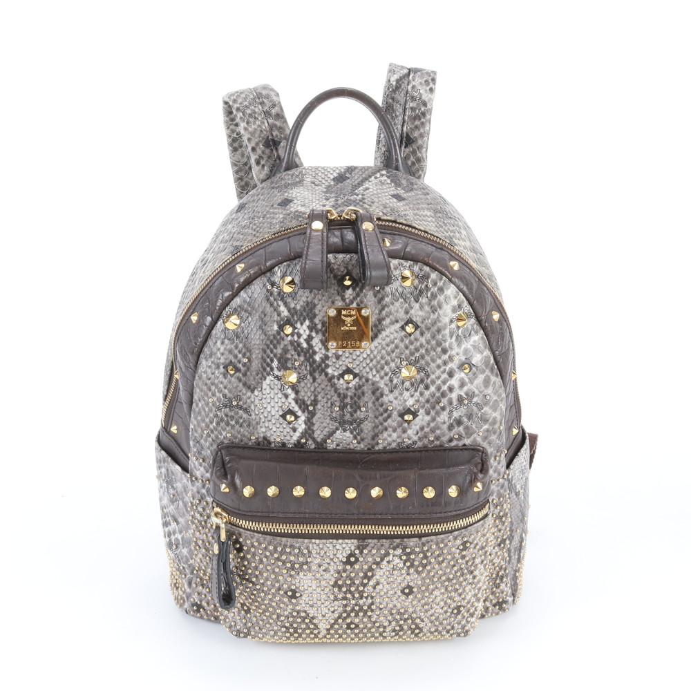 極美品 MCM エムシーエム パイソン 柄 スタッズ レザー リュックサック バックパック ショルダー バッグ レディース EWM DU12-9 25,967円