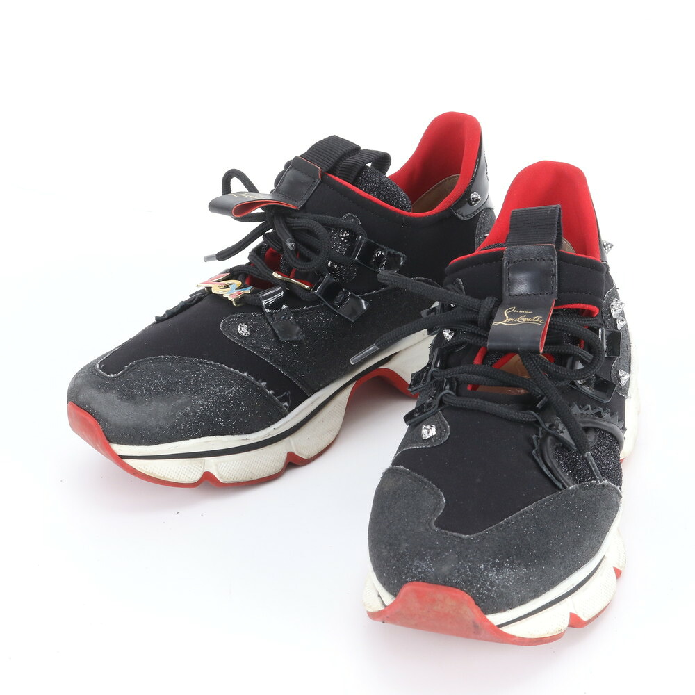 美品 クリスチャンルブタン 赤いこと走者 グリッター なめし革 スニーカー 36 1/2 23.5糎 靴 シューズ 黒 レディース MEM DX26-2