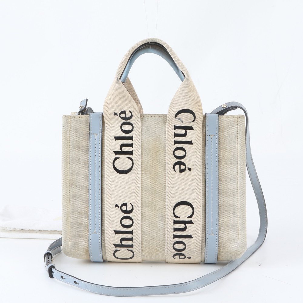 美品 クロエ ウッディ スモール 帆布 なめし革 2WAY ショルダーバッグ 曲がった掛け お手々 トート レディース RUE EB34-8
