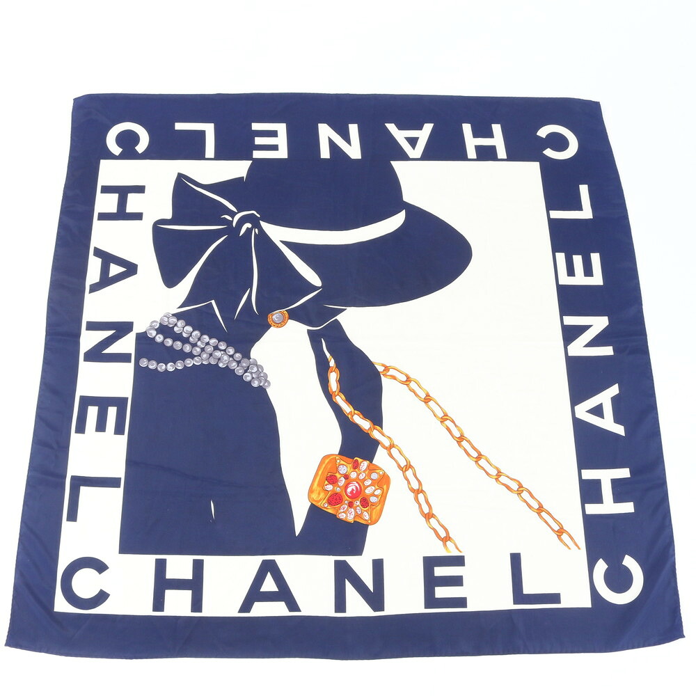美品 シャネル 引き船付 地絹 100％ グリポワ ココシャネル 付属品 柄 絹 えり巻き レディース EWM EC9-2