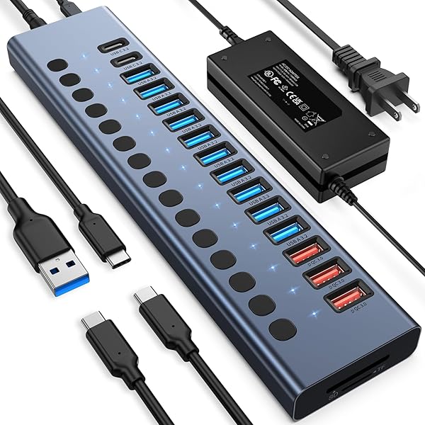 【送料無料】電源付き USB ハブ 10Gbps 17 ポート 96W USB 3.2 ハブ(USB-A 3.2×10 + QC 24W 急速充電 ×3 +|ARストア 店