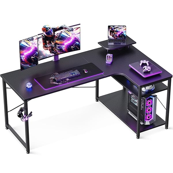 【送料無料】ゲーミングデスク l字 パソコンデスク 幅130 机 デスク desk 棚付き 在宅勤務 pcデスク ?子 勉強机 L字型 組立簡単 カーボンブラック 右棚｜ARストア　店