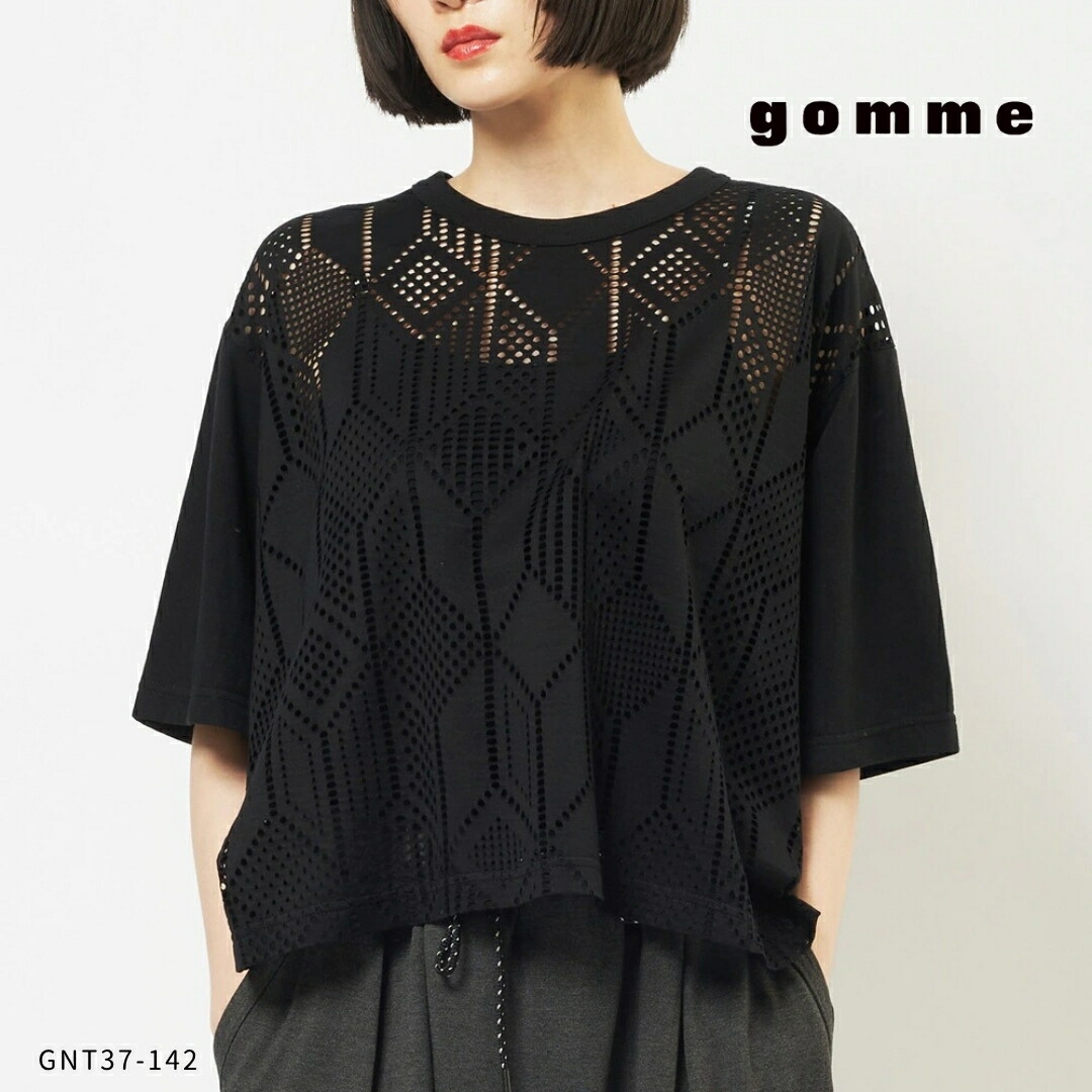 gomme ( ゴム )  【 GNT37-142 】サイドタックメッシュTシャツ.メッシュ Tシャツ レディース 半袖 カットワーク 透け感 綿 40代 上品 体型カバー 大人 女性 レイヤード 日本製 きれいめ 春 夏 モードレディース