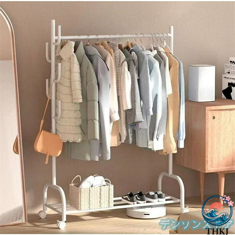 【全品2点で5%OFF】ハンガーラック フック付き 衣類収納 洋服掛け 高耐荷重 大容量 頑丈 シンプル ナチュラル 多機能 パイプハンガー キャスター付き