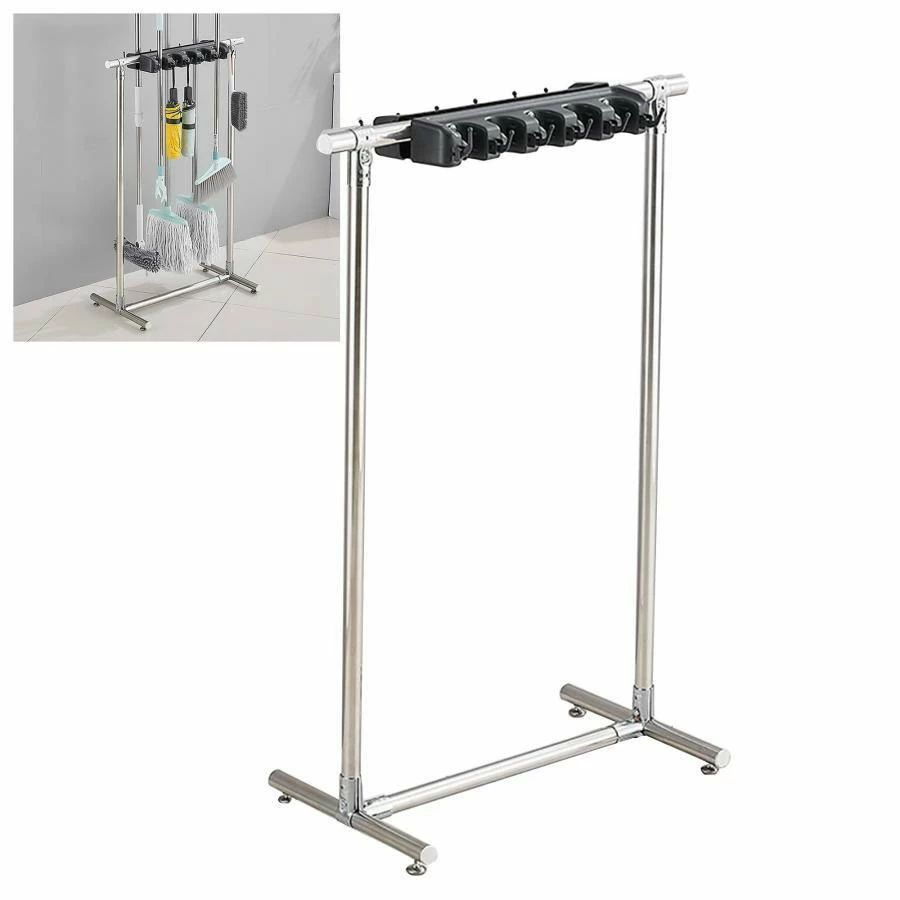 【全品2点で5%OFF】ほうきとモップホルダー，床置きほうきとモップホルダー、濡れたモップを置きます、清掃用品オーガナイザー、商業ステンレス鋼モップラック、ガーデンガレージツ
