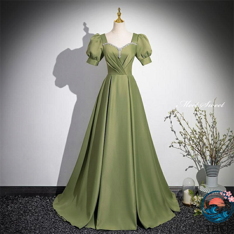 【全品2点で5%OFF】カラードレス グリーン サテン 半袖 パフスリーブ 緑 ウェディングドレス ロングドレス 結婚式 二次会 演奏会 発表会 シンプル 成人式 ウエディングドレス