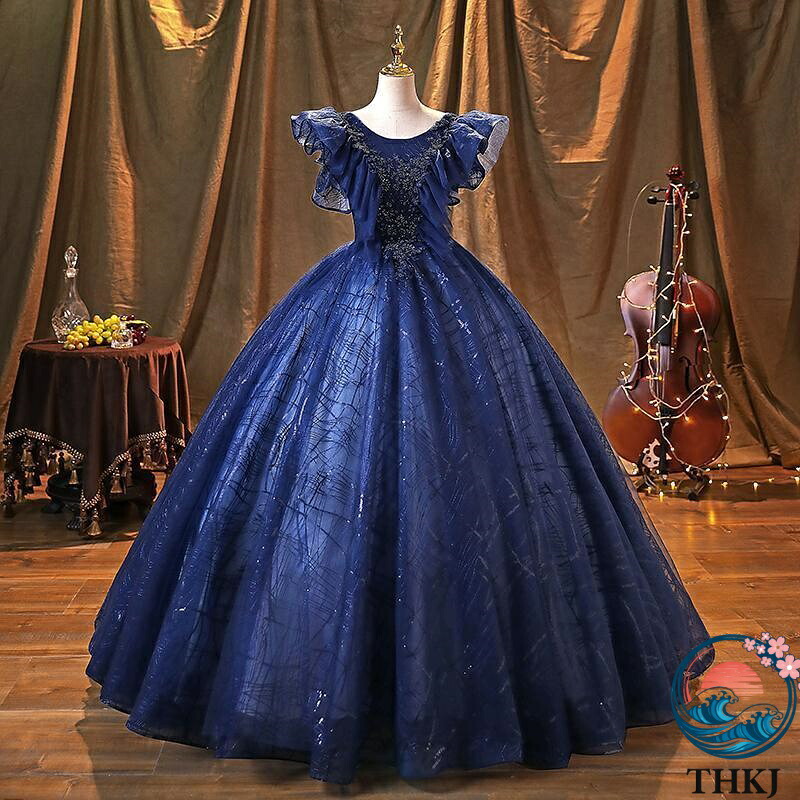 【全品2点で5%OFF】カラードレス ロングドレス 演奏会 イブニングドレス プリンセスライン ステージ 舞台衣装 発表会 コンサート コンクール 大人 青 ネイビー フライングスリーブ