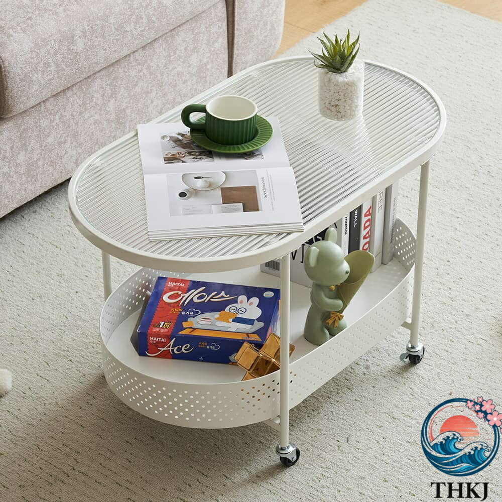 【全品2点で5%OFF】ガラステーブル キャスター付き 収納付き 幅80 センターテーブル THKJ ローテーブル リビング コンパクト 一人暮らし 【ホワイト】
