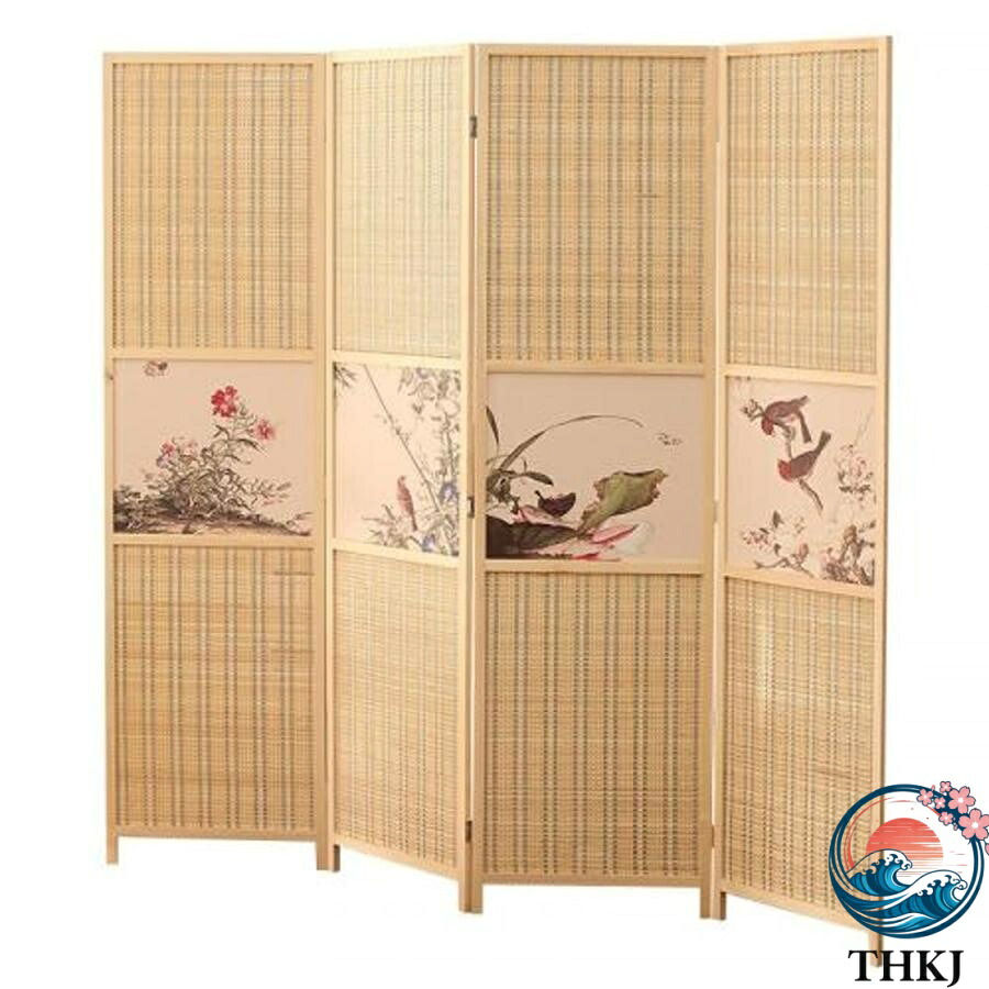 【全品2点で5%OFF】パーテーション 折り畳み式 間仕切り 4連 自立式 油絵屏風 禅味 衝立 和風 松木枠 竹編み障子 組み立て不要 収納簡単 高さ約150/170/180