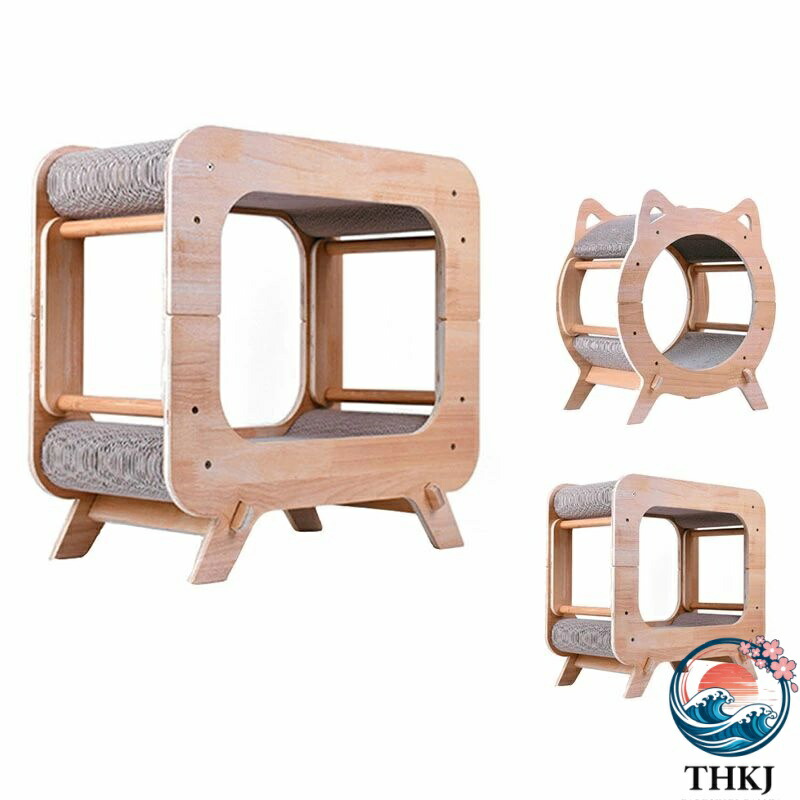【全品2点で5%OFF】猫 爪とぎ 天然木製　爪磨き 爪みがき キャットハウス キャットタワー 猫タワー 丸型猫耳 組み立て式 高密度段ボール 二層 耐久 爪磨き
