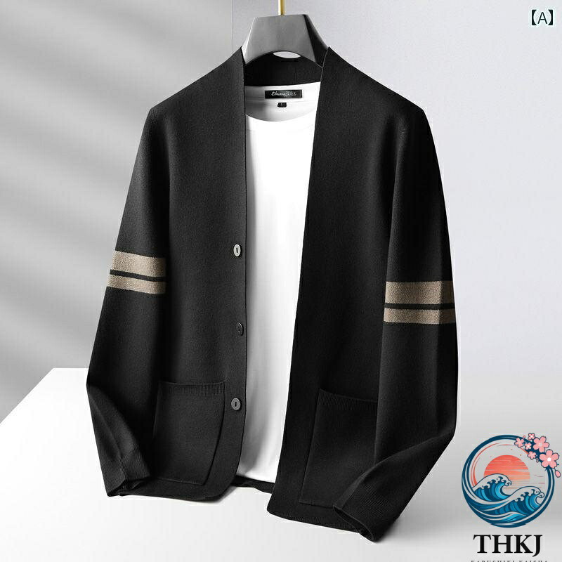 【全品2点で5%OFF】ニット メンズ カーディガン 大きいサイズ カジュアル ウール 韓国 THKJ Vネック 春秋 薄手 ノーカラー セーター ブラック ブラウン
