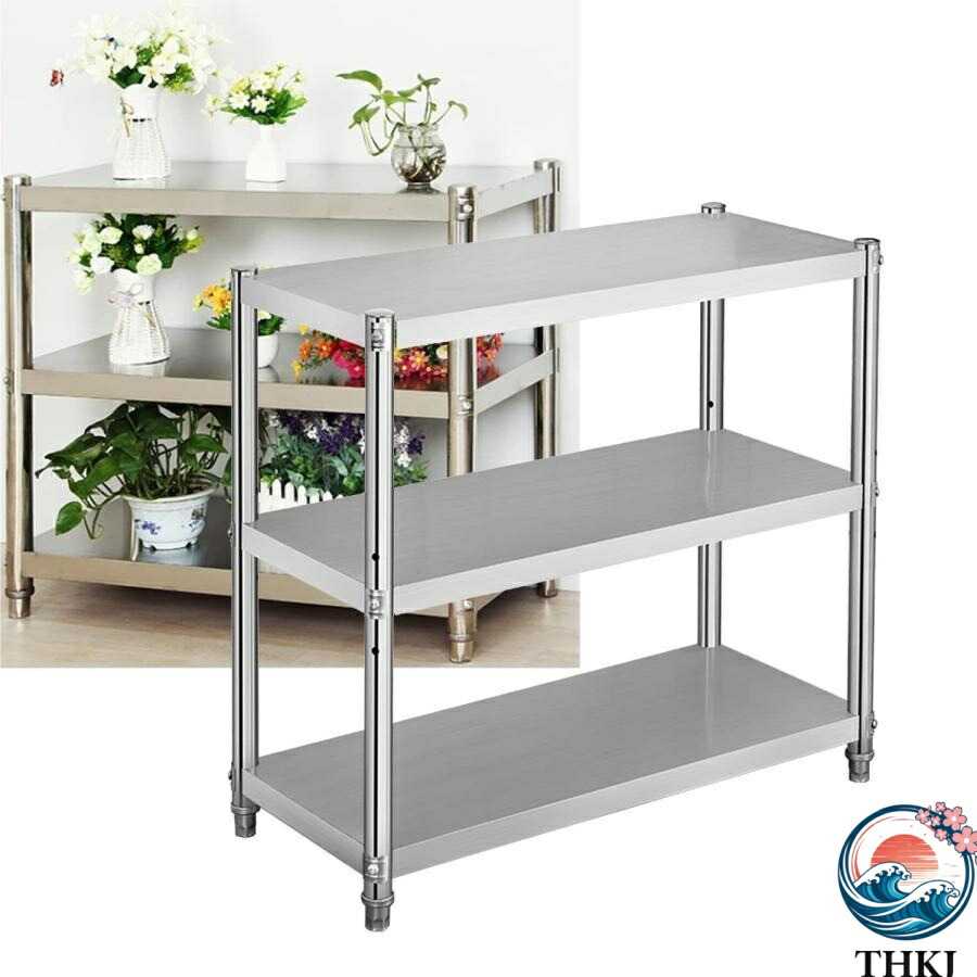 【全品2点で5%OFF】収納ラックステンレス 作業台さ 調節可能 強力な耐 荷重ステ ンレス台 ワークベ THKJ ンチ3段 収納テー ブルシェ ルフ調節 可能な足 Size
