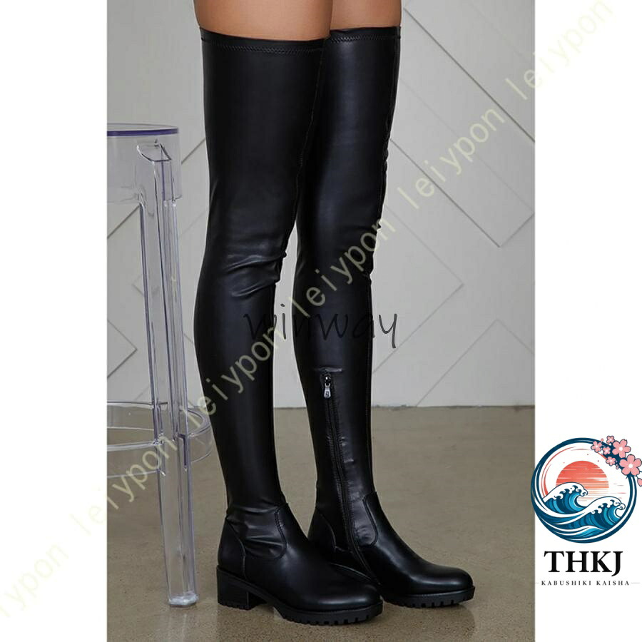 【全品5%尖んがり】ニーハイブーツ ロングブーツ ニーハイ ブーツ 置き目踵 レディース THKJ 3糎踵 黒いこと 伸ばすことブーツ 美脚 なめし革調 ゆったり