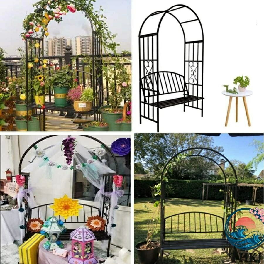 【全品2点で5%OFF】ブラック 白い フラワーアーチベンチ付き 大きな金属製バラアーチ 庭のアーチ THKJ 幅114cm 高さ206cm 園芸棚 耐候性 パーゴラ 省スペース