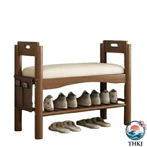 【全品2点で5%OFF】多機能玄関ベンチ 無垢材製 立ち上がりサポート クッション入り PUレザー座面 大容量収納ポケット付き