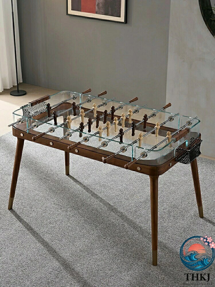 【全品5%ポイント】イタリア風デザインラグジュアリー ブラックウォールナット無垢材 ガラス製サッカーテーブル 透明テーブルサッカー台 省スペース|aragok