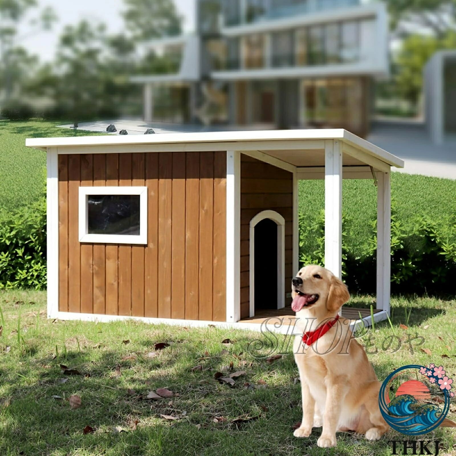 【全品2点で5%OFF】木製犬小屋 屋内用 無垢材アスファルト屋根犬小屋 大型ポーチ付き 小型犬から大型犬まで屋外パティオ用