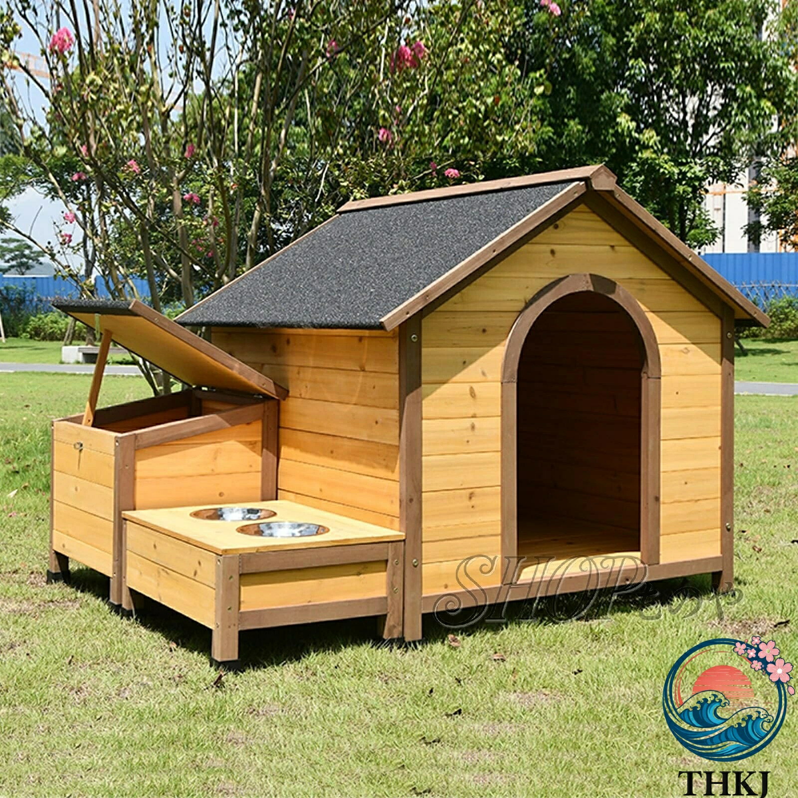 【全品5%尖んがり】大型大きさの木製犬掘ったて小屋 大型犬用の犬用クレート アスファルト大屋根のボンネットどんぶり鉢 水入れ付 THKJ きキャビ ンスタイ ルの高床 式犬用シ
