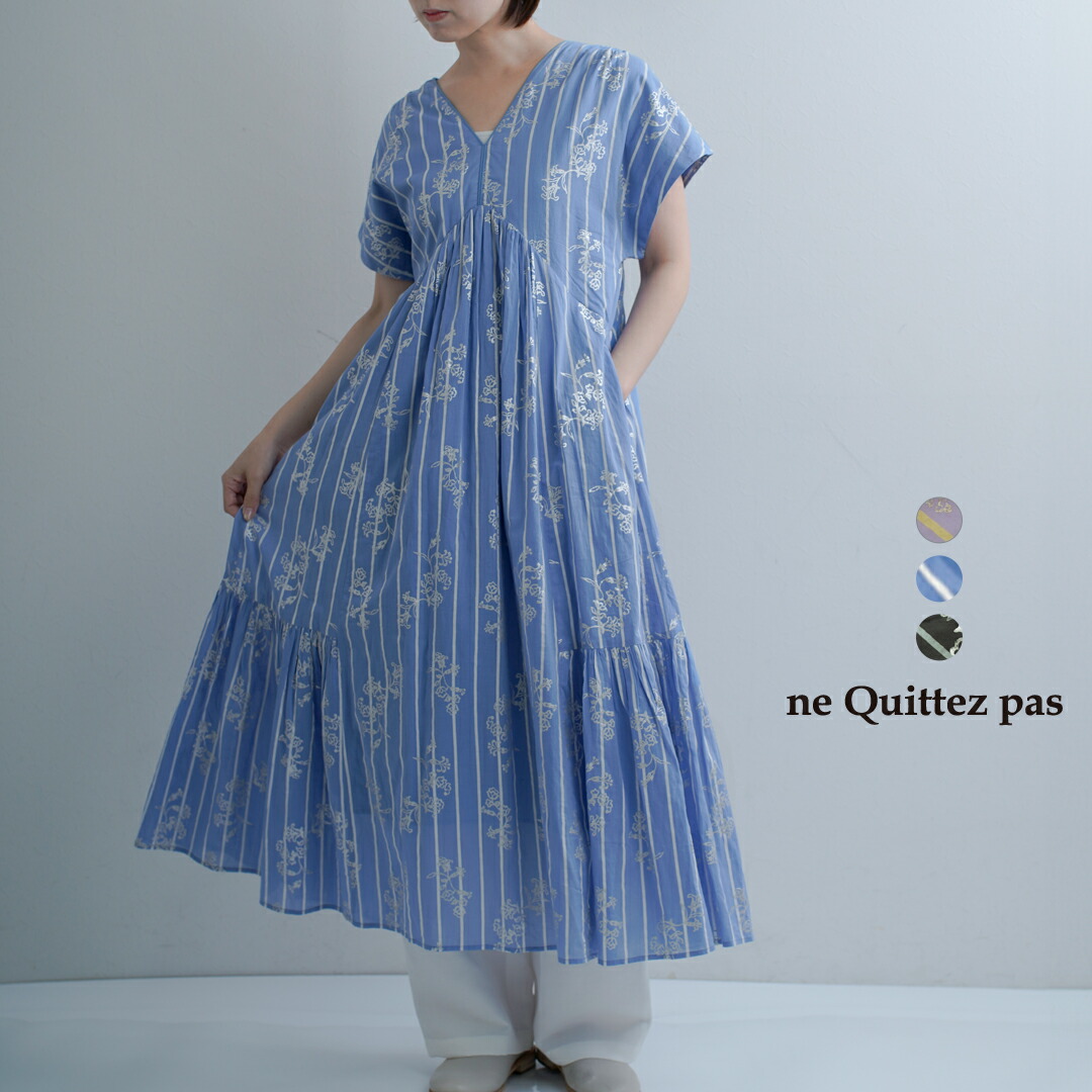 ne Quittez pas ヌキテパ コットンボイル ストライプ アネモネ箔プリント フレンチスリーブ ドレス Cotton Voile Stripe Anemone Foil Print French Sleeve Dress 010561ws2 レディース 2026ss新作 春夏【クーポン対象】