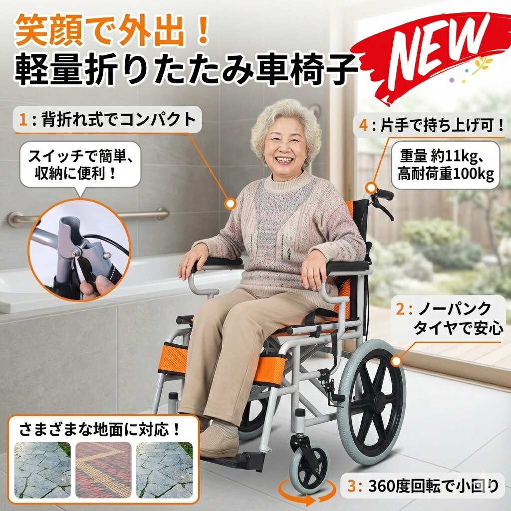 車椅子 軽量 コンパクト 折りたたみ 介助用車椅子 車いす 車イス 介助式 自走式 介助 自走 介護用品 ノーパンクタイヤ アルミ製 介助ブレーキ付き 背折れ 折り畳み 簡易車椅子 軽量車椅子 自走介助兼用 室内 外出用 旅行用 持ち運び 収納 介護 福祉用具 おしゃれ 耐荷重