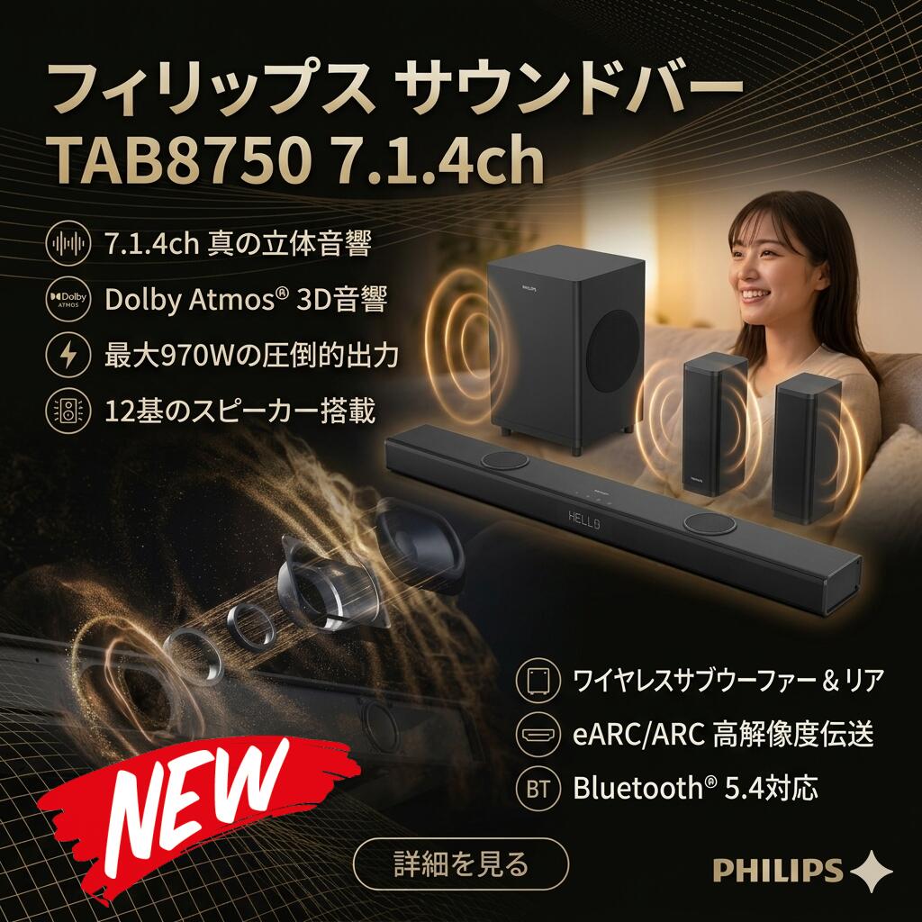 最短またの日 \"30日返品引き受ける\"" \""貨物輸送無料\"" Philips(フィリップス) 物音赤ちょうちん テレビ受像機 用 7.1.4ch 金棒引き 物音赤ちょうちん 金棒引き テレビ受像機 老人ホーム芝居小屋 無線電話 マイコン bluetooth HDMI ARC 光デジタル 競り合い かっこ良い電話機 マイコン スマホ TV サブウーファー シアターバ"