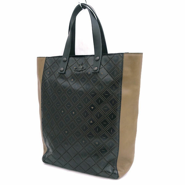 Vivienne Westwood / ヴィヴィアンウエストウッド ■パンチング レザートートバッグ 黒 ベージュ 【御徒面子/うしろ側/BAG/鞄/鞄】 VW1【中古】