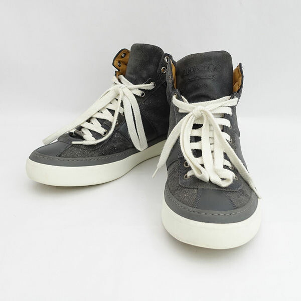 JIMMY CHOO / ジミー チュウ ◆ハイカットスニーカー メンズ レザー キャンバス グレー ホワイト 【メンズ/MEN/男性/ボーイズ/紳士】【靴/クツ/シューズ/SHOES】 ブランド【中古】