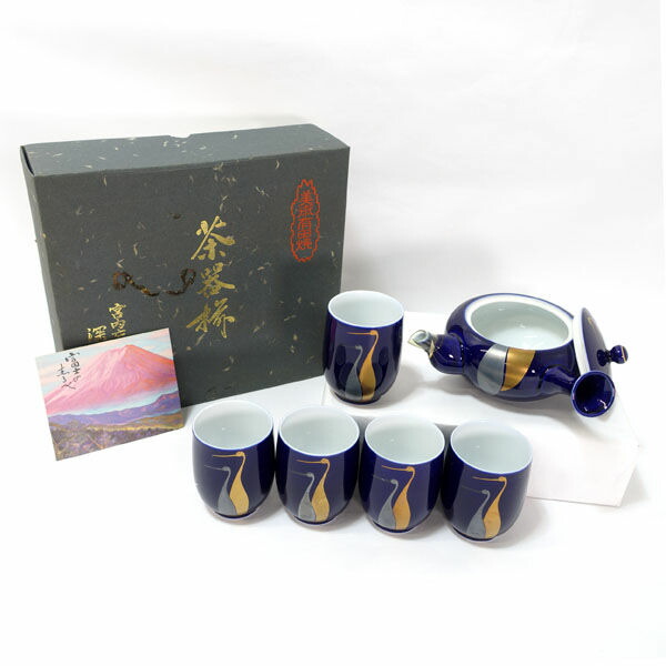 深川製磁 ◆【和食器】深川製磁/夫婦鶴 瑠璃茶器揃(急須 湯呑5) 茶道具 アンティーク 有田焼 ギフト【未使用】
