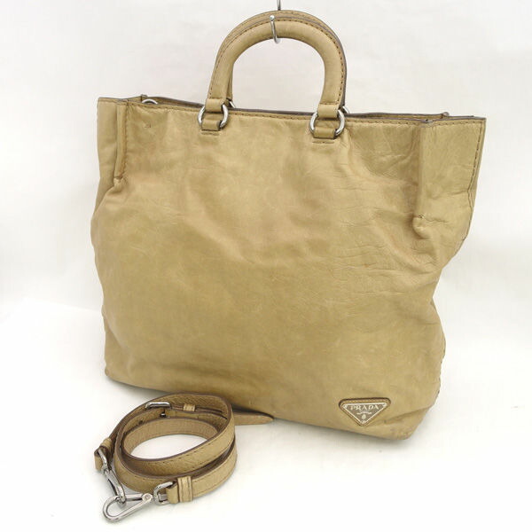 PRADA / プラダ ■カーフレザー　ハンドバッグ　２WAY　ショルダー　ベージュ　メタルロゴ 【バッグ/バック/BAG/鞄/カバン】 ブランド【中古】