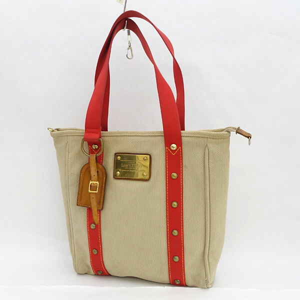 LOUIS VUITTON / ルイヴィトン ■アンティグア カバMM トートバッグ ベージュ レッド M40035 【バッグ/バック/BAG/鞄/カバン】 ブランド【中古】