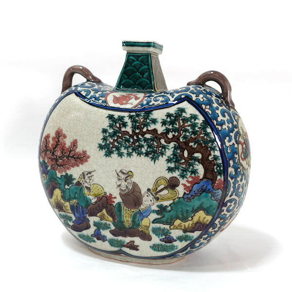 九谷焼 角福 ◆【和食器】九谷焼/角福 唐人色絵吉田屋文様花瓶 ギフト【中古】