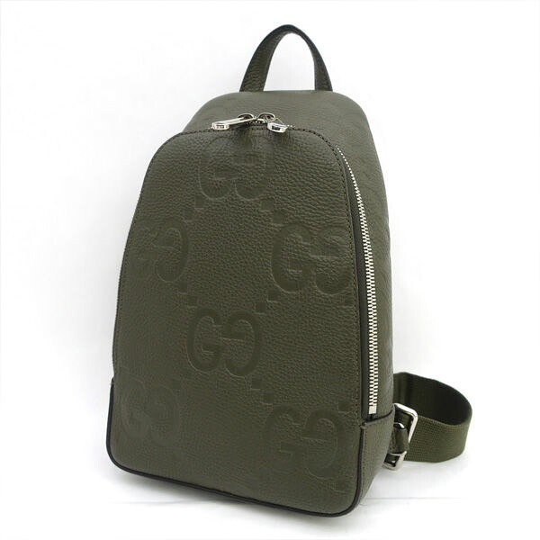 GUCCI / グッチ ◆ジャンボGG スリングバッグ カーキ エンボスレザー はりつけ台上半身 766937 498879 【御徒面子/うしろ側/BAG/鞄/袋】 ブランド名【中古】