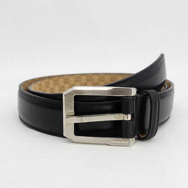 GUCCI / グッチ ◆なめし革胴締め 内GG 黒いこと ロゴタイプ しろがね色バックル 245900 1766 【メンズ/MEN/成人男性/ボーイズ/成人男性】 ブランド名【中古】